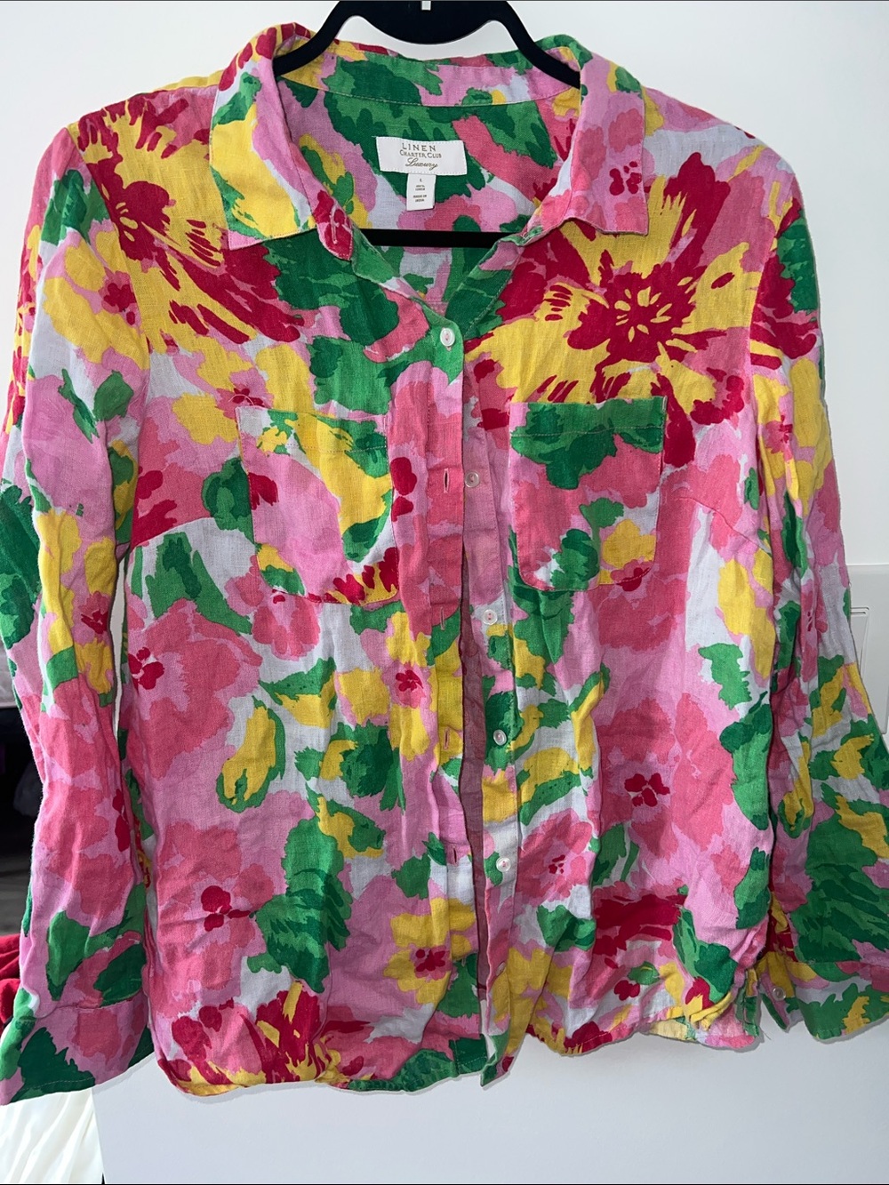 Charter Club Floral Linen Button-Up in Pink, Green & Yellow